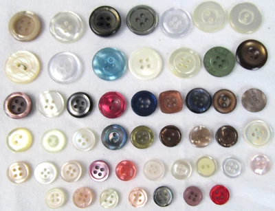 Vtg Buttons Assorted Sizes Colors Old Iridescent 49 Lot Rings 2 4 Hole Sewing S5 - Image 1 of 4
