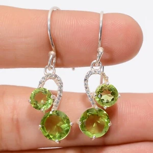 Natural Peridot Zircon Gemstone Handmade Dangle Earrings Partywear Jewelry CY - Picture 1 of 5