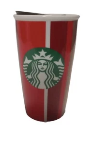 Starbucks Ceramic Travel Mug Tumbler - 2018 Christmas Stripes - With Lid! 12 OZ - Picture 1 of 5