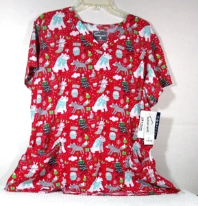 Butter Soft XL Red Christmas Scrubs Print Top Patch Pockets NWT Anthropomorphic  - Picture 1 of 10