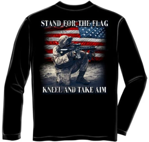 New STAND FOR THE FLAG KNEEL TO AIM LONG SLEEVE T Shirt PATRIOTIC USA - Picture 1 of 2