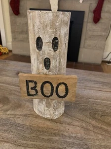 Halloween Kerzenhalter Treibholz Geist Boo Dekor, rustikal primitiv Holz 11" - Bild 1 von 6