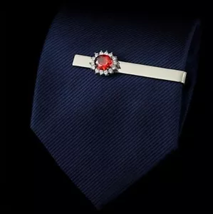 Real 10K White Gold With Natural Real Diamond & Ruby Wedding Tie Clip For Men's - Picture 1 of 3