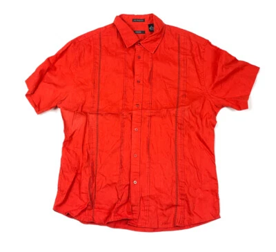 Dad Style Orange Red Textured Stripe Shirt Adult XL Sopranos Linen Button-Up - Image 1 of 4