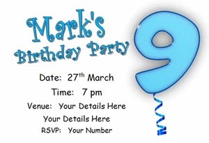 10 Personalised INVITATIONS, birthday party invite card AGE 9 boy nine - Picture 1 of 13