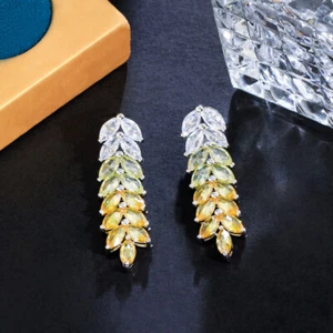 Green Cubic Zirconia Long Leaf Dangling Drop Earrings Silver Plated Accessories - Picture 1 of 20