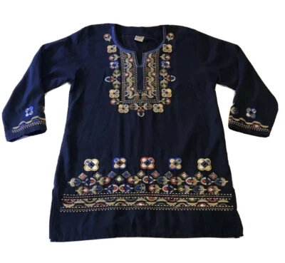 复古 70 年代 HIPPIE BOHO 刺绣长衫上衣海军蓝花卉 S/M — 第 1/4 张图片