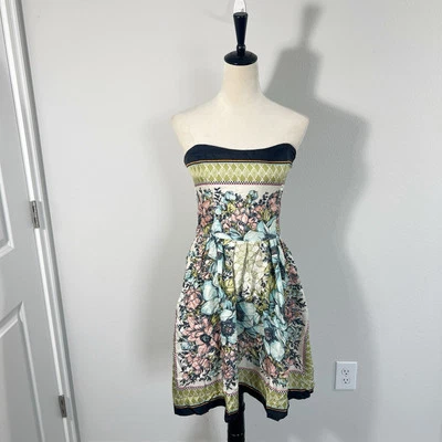 Vestido Vintage Y2K Nicole Miller Seda Floral Sin Tirantes Hasta la Rodilla Jardín Té 4 Foto 1 de 4