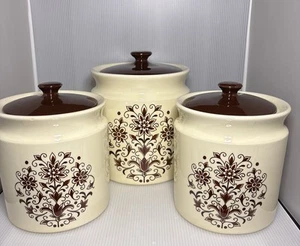 Set of 3 Vintage Ceramic Jar Canisters Cream with Brown Flowers With lid - Picture 1 of 22