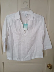 NUEVO CON ETIQUETAS Camisa Sigrid Olsen Mujer Mediana Blanca 100% Lino Pullover Playa Top - Imagen 1 de 13
