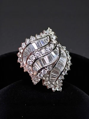 Estate Platinum Baguette Round Diamond Wave Cluster Heavy Cocktail Ring 5ctw - Image 1 of 4