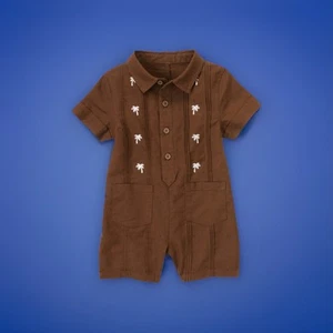 Gymboree Little Surfer Dude Brown Linen Blend Romper Pintuck Palm Trees Sz 0-3m - Bild 1 von 7