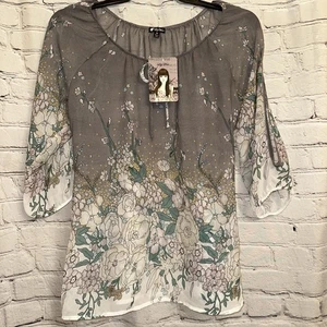 Lily White Sheer Floral Print Blouse Slit 3/4 Sleeves Medium Made In USA New! - Picture 1 of 15