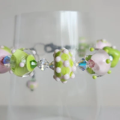 "Pulsera de cuentas de vidrio murano de plata de ley | verde lima y rosa 7""" Foto 1 de 4