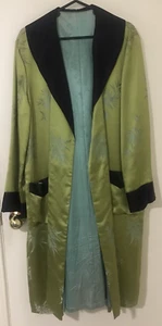 Vintage 1950s Chartreuse with Blk Trim Chinese Brocade Silk Lounging Jacket (M) - Picture 1 of 5
