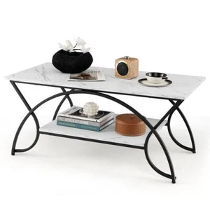 2-Tier Faux Marble Coffee Table with Marble Top and Metal Frame-Black & White - - Picture 1 of 2