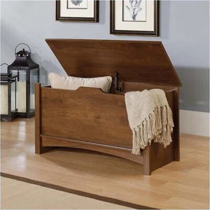 Oak Brown Lg Wooden Storage Chest Trunk Blanket Organizer End Bed Seat Toy Box - Picture 1 of 11