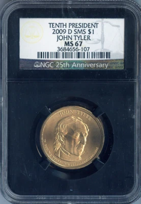 2009-D John Tyler Dollar NGC MS67 SMS - 10th U.S President - Black Holder - Image 1 of 2
