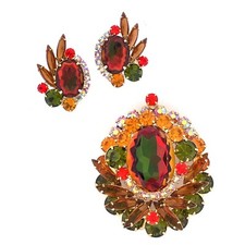 JULIANA D&E  Aurora Borealis Orange Green Rhinestone Brooch/Penadnt Earring Set