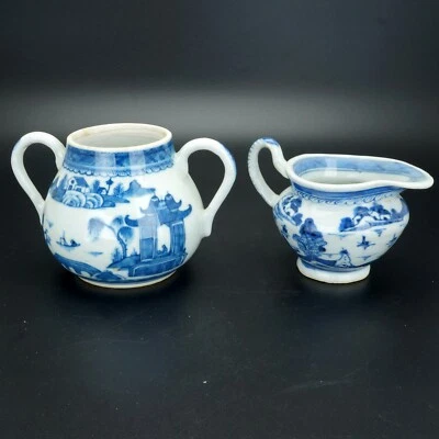 Chinese 18th/19th C Canton ware Blue and White Cream and Sugar - Image 1 of 4