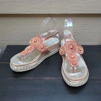 Donald Pliner Talla 7.5 Tanga Cuentas Corcho Alpargata Sandalia Naranja Borde Metálico Foto 1 de 4