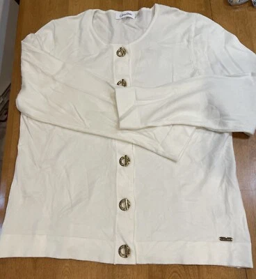Cárdigan Suéter Calvin Klein Blanco Tono Dorado Ojal Delantero Top Foto 1 de 4