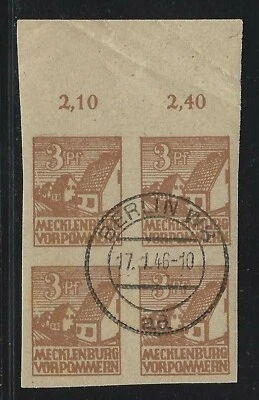 1946 GDR Mecklenburg-Vorpommern Scott #12N13 - 3pf Buildings Imperf Block - Used - Image 1 of 2