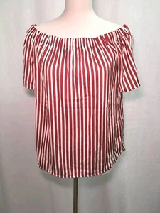 NWT H&M Size 6 Red White Vertical Stripes Off The Shoulder Satin Top Blouse - Picture 1 of 6