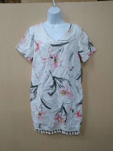 OFF WHITE Abito manica corta Peck & Peck nuovo con etichetta ricamato orlo pizzo bianco sporco lino