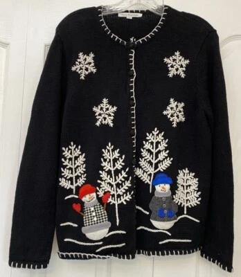 Cárdigan suéter mediano Mercer Street Studio para mujer negro con botones de Navidad Foto 1 de 4