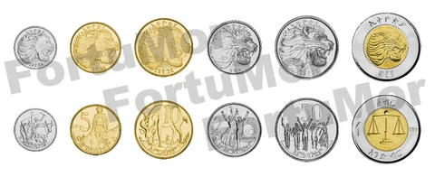Ethiopia Set Of 6 Coins, 1 5 10 25 50 Cents 1 Birr, 1977 - 2010, UNC Cover