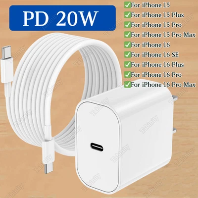 USB C Fast Charger 20W Type-C Adapter Block PD Cable For iPhone 16 15Pro Samsung - Image 1 of 4