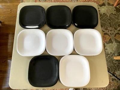 Crate & Barrel 10" Square Melamine Dinner Plates – Set of 8 (4 Black, 4 White) - Image 1 of 4