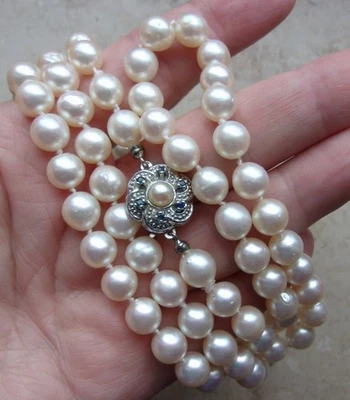 835 Silber Perlen Kette mit 8 mm Perlen 90 cm lang. Schließe mit Saphir? 79 gr. - Bild 1 von 4