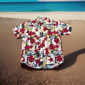 Natural Issue Shirt M Cotton Button Up Aloha Hibiscus Short Sleeve Classic Cars - Picture 1 of 7