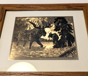 Vtg R H Palenske Etching Looking for Me? Moose Big Game Art Framed Matted - Picture 1 of 8