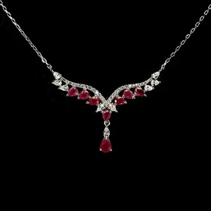 925 Sterling Silver Necklace Pear Ruby 6x4mm Natural Gemstone Jewelry 18inches - Picture 1 of 14