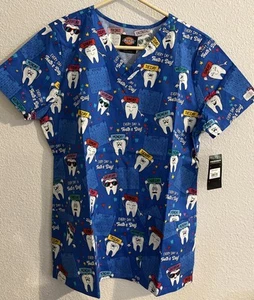 Dickies Scrubs M Tooth's Day Everyday Dental Blue V Neck Top-- New - Picture 1 of 2