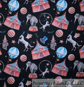 BonEful Fabric FQ Cotton Quilt Black Gray Elephant Circus Tent Hot Air Balloon S - Picture 1 of 12