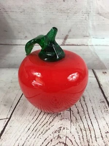 Vintage Red Apple Art Glass Fruit with Green Glass Stem Approximately 5” - Picture 1 of 12