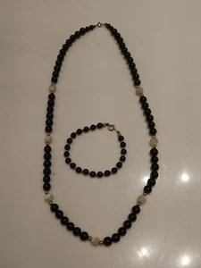 1980's 14k Yellow Gold Filled Black Onyx Mother Of Pearl Beads Jewelry Set - Picture 1 of 4