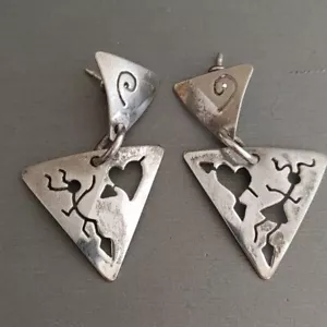 Vintage Artisan Sterling Silver Earrings Matte Shiny Man Woman Southwest Style - Picture 1 of 7
