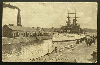 US Stamps USS Wisconsin Entering Drydock on 1911 Postcard -Puget Sound Navy Yard - Image 1 of 3