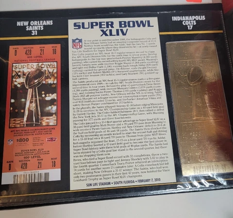 Super Bowl XLIV 22kt Gold Ticket Stub NFL New Orleans Saints Indianapolis Colts Cover