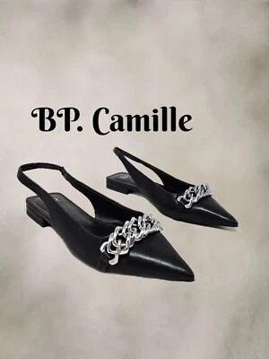 BP. Zapatos Camille Mujer 6M-Negro Imitación Cuero Eslinga Trasera Tono Plateado Cadena Broca Foto 1 de 4