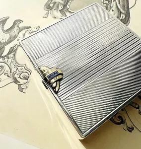 ANTIQUE • Art Deco Sterling Silver & 14k Gold w/ Sapphires Compact - Picture 1 of 9