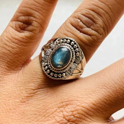 Anello In Labradorite Ovale In Argento Sterling 925 Fatto A Mano 100% Originale - Immagine 1 di 4