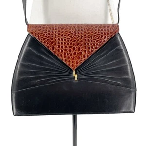 Bally Leather Black Brown Leather Crossbody Fold Over Purse Lightweight - Picture 1 of 13