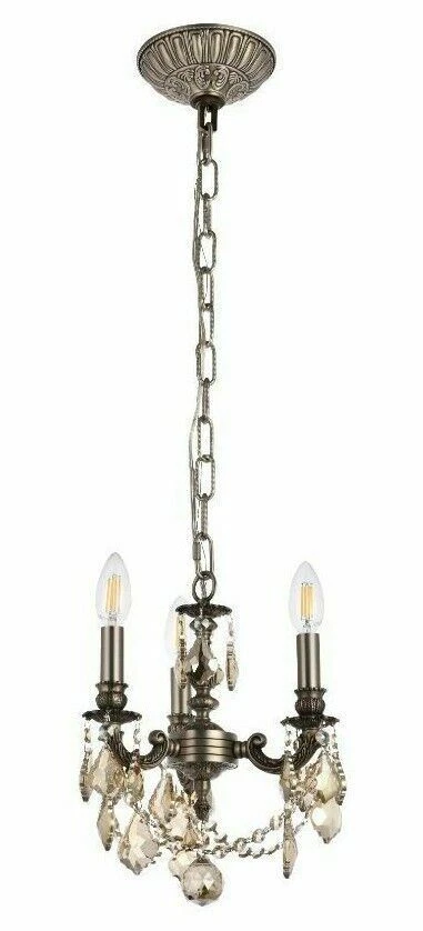 Golden Teak Crystal Pendant 3 Light Fixture Pewter Bathroom Bedroom Chandelier - Image 1 of 4