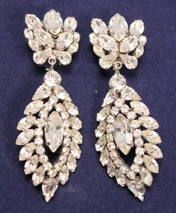 Vintage Christian Dior Marquise Rhinestone Drop Clip On Earrings Germany 1964 - Picture 1 of 8